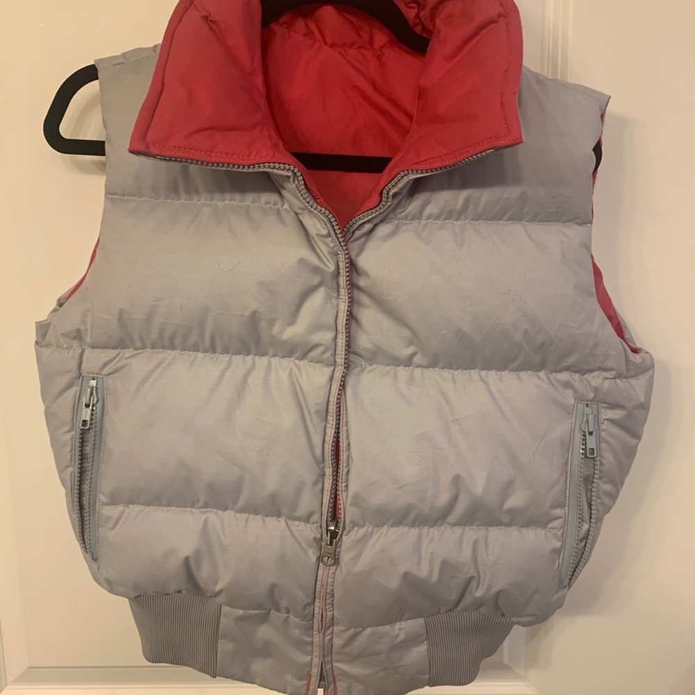 Reversible hot pink and grey puff vest